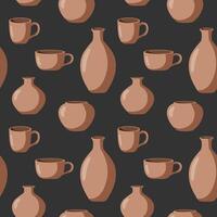 seamless pattern of terracotta pottery dark gray background, repeating design with vases, mugs pots, rustic and handmade ceramic texture print textile vector