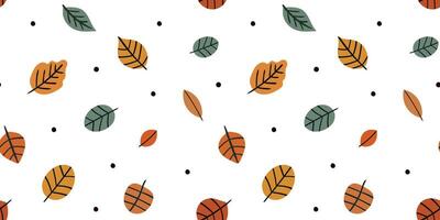 seamless pattern bright autumn leaves black polka dots on white background, modern simple fall design repeat, clean and cheerful autumn backdrop vector