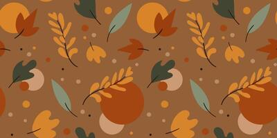 warm brown minimalist autumn seamless pattern with leaves, branches dots modern fall design repeat brown background, simple nature elegant seasonal backdrop, earthy tones vector