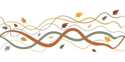seamless pattern abstract autumn wavy lines and falling leaves, simple pastel color background wind and foliage, modern seasonal design, organic flowing texture, nature inspired vector