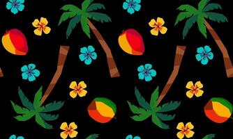 seamless tropical pattern with palm trees, mango fruits and colorful hibiscus flowers on black background, exotic summer beach design for fabric, textile, wrapping vector
