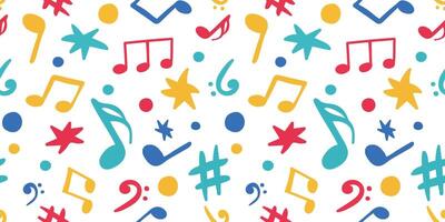 seamless colorful music notes pattern on white background, vibrant cartoon melody and rhythm design for kids party decoration, wrapping paper or fabric vector