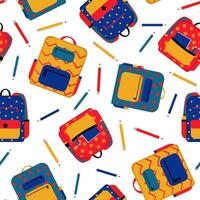 bright seamless school education pattern colorful backpacks pencil, modern students rucksacks, back to school on white background repeating web design textile paper vector