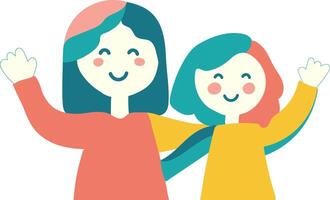 minimalist illustration of mother and daughter hugging and waving, simple line art design for mother's day daughter's day, modern flat colors, cheerful family concept vector