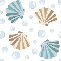seamless pattern scallops bubbles pearl shells, white background repeating underwater ocean design, elegant and marine texture for textile print, sea creatures vector