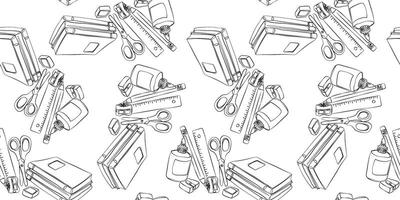 minimalist seamless pattern black outline school supplies on white background, simple stationery design back to school education, learning and knowledge concept, clean style vector