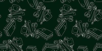seamless pattern white outline school supplies dark green chalkboard background repeating stationery design for back to school and education, learning and knowledge concept vector