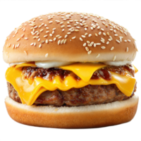 A hamburger with cheese and meat on a bun png