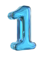 A captivating three-dimensional rendering of the number 1 crafted from translucent azure glass, its polished surfaces reflecting light, making it perfect for projects png