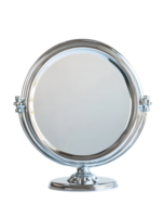 A sleek and stylish chrome vanity mirror with a round shape and an adjustable base for optimal viewing. The elegant design features intricate details and polished finish. png