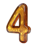amber glass number 4 elegantly sculpted with smooth curves and a translucent, warm glow. isolated on transparent background png