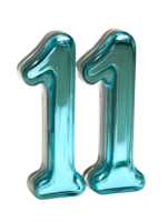 A modern composition captures the number 11 rendered in a lustrous teal hue, isolated on transparent background png