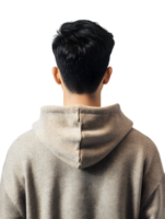 man dressed in a neutral-toned hoodie, viewed from behind, offering a sense of mystery and introspection. The focus is on the textures of the hoodie and hair. isolated on transparent background png