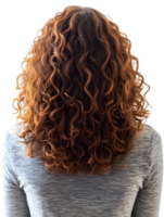 woman with fiery red curly hair, viewed from behind. The texture and vibrancy of the curls, captured in a photorealistic style. isolated on transparent background png