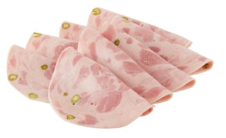Bologna ham slices, folded in half and stacked on top of each other cut out isolated transparent background png