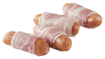 Bacon wrapped sausages arranged in a row cut out isolated transparent background png