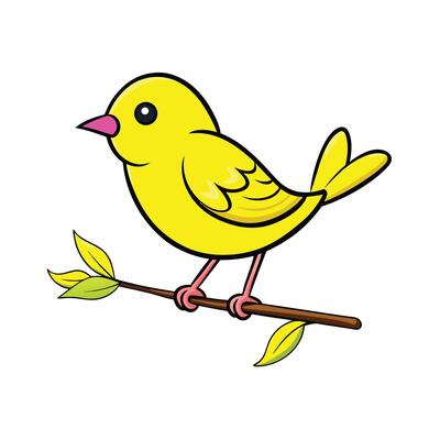 Cartoon Yellow Bird Perched on a Tree Branch