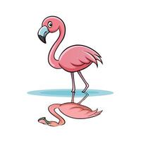 Cartoon pink flamingo wading in water with reflection vector