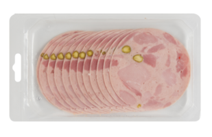 Bologna ham slices, folded in half and stacked on a clear plastic tray cut out isolated transparent background png