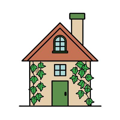Cute Cartoon House with Ivy on White Background