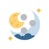 Stylized celestial landscape with moon, stars, and clouds vector