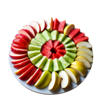 Colorful assortment of fresh sliced fruits, including red apples, green apples, yellow apples, watermelon, and cucumber, neatly arranged in concentric circles on a white plate. png