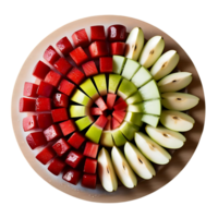 Top-down view of a circular fruit platter arranged in colorful radial layers of cubed red jelly, sliced green apples, cucumbers, and white apples on a round plate. png