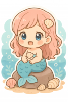 A charming cartoon mermaid with a seashell and a blue tail, perched on a rock, brings a touch of whimsy to any project. png