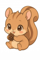 Adorable cartoon squirrel sits and holds a pinecone, digital illustration with a soft color palette and endearing expression. png