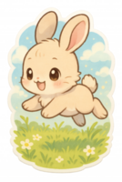 Cute bunny jumping joyfully through a field of grass, framed by a sky with fluffy clouds, in a delightful cartoon style. png