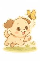 Charming illustration of a puppy chasing a butterfly through a field of grass. A whimsical scene filled with joy and playfulness. png
