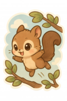 A whimsical cartoon squirrel leaps joyfully amidst branches, embodying playfulness and freedom in a charming, cheerful scene. png