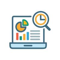 Data analysis laptop with magnifying glass review stats vector