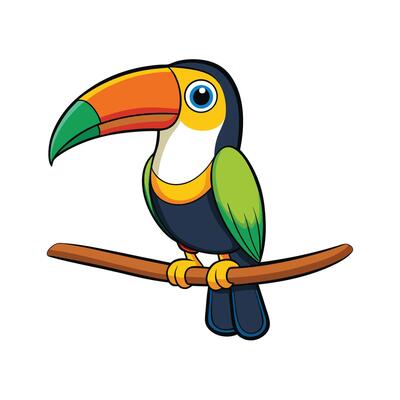 Colorful cartoon toucan bird perched on a branch