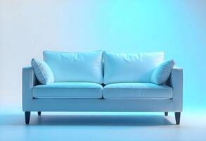 Modern white sofa in minimalist studio with soft lighting and reflection photo