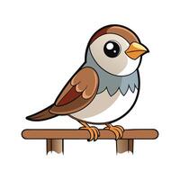 Cute cartoon sparrow perched on wooden stand illustration vector