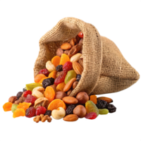 Assorted dried fruits and nuts spilling from a burlap sack. png