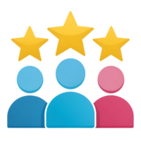 Three people with three stars above their heads, representing a high rating or excellent performance. png