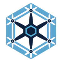 Abstract hexagonal snowflake design. Cool blue and dark navy color palette. png