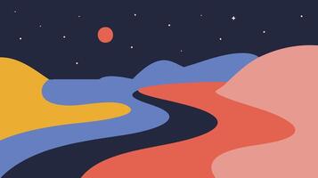 Minimalist abstract landscape illustration featuring colorful hills, a winding path, and a starry night sky with a red moon, created in flat style with bold shapes and a modern aesthetic vector