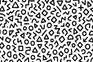 Seamless pattern with hand-drawn geometric shapes including circles, triangles, zigzags, squares, and lines in a Memphis style, using bold black lines on a white background for modern playful vector