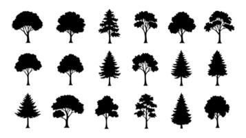 Collection of black tree silhouettes in style featuring various deciduous and coniferous trees, ideal for landscape design, environmental themes, and nature-related illustrations vector