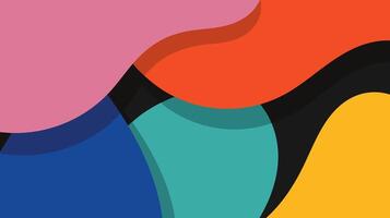 Colorful abstract background with bold, fluid shapes in pink, red, yellow, teal, blue, and black tones, featuring a modern flat design perfect for digital artwork, branding, or presentation vector