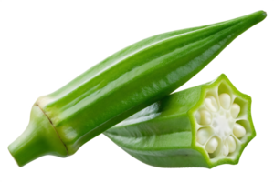 Close up of fresh green okra, one whole and one sliced. png