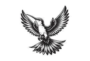 Illustration of a hummingbird flying viewed from side on isolated background done in black and white. vector