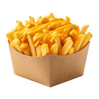 Delicious cheesy fries in a paper container. png