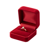 A gold diamond ring in a red velvet box. png