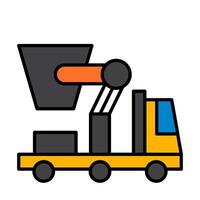 A truck with a crane on it and a bucket on top filled icon vector