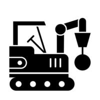 A black and white image of a construction machine solid icon vector
