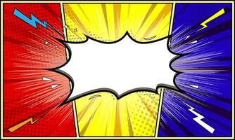Pop art pattern. Comic background with speech bubble, thunder flash, and halftone. Three vibrant comic book style panels cartoon retro starburst texture with dots. vector